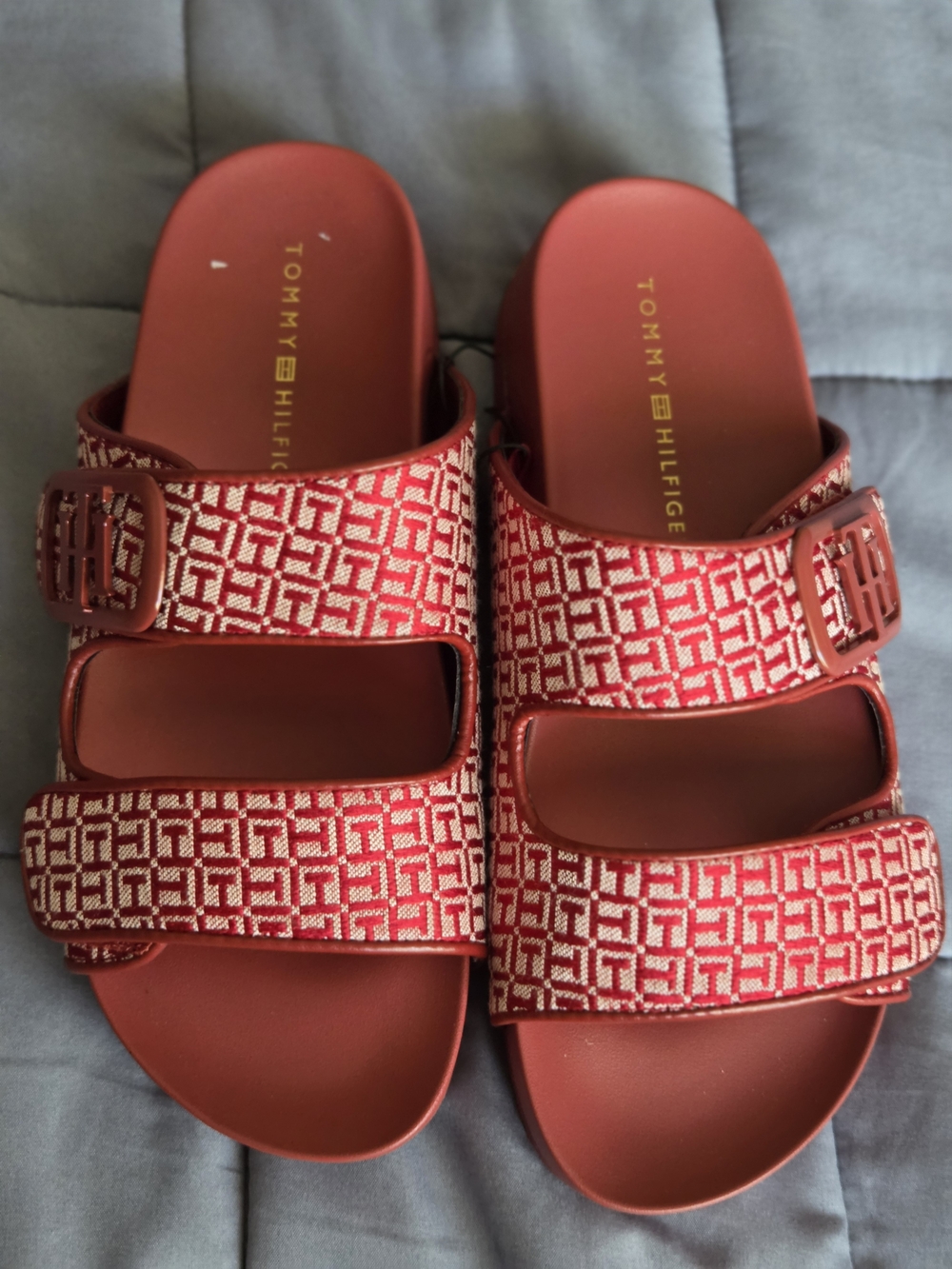 Tommy Hilfiger Red Jacquard Double-Strap Slide Sandals NWOT